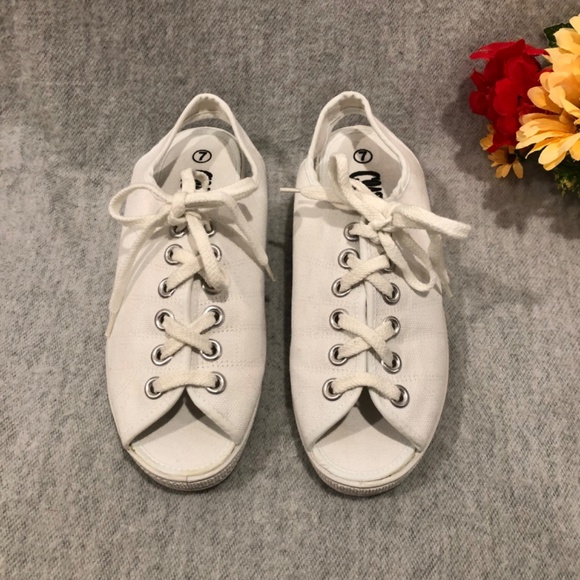 White Canvas Peep Toe Slingback Sneakers - Picture 9 of 16